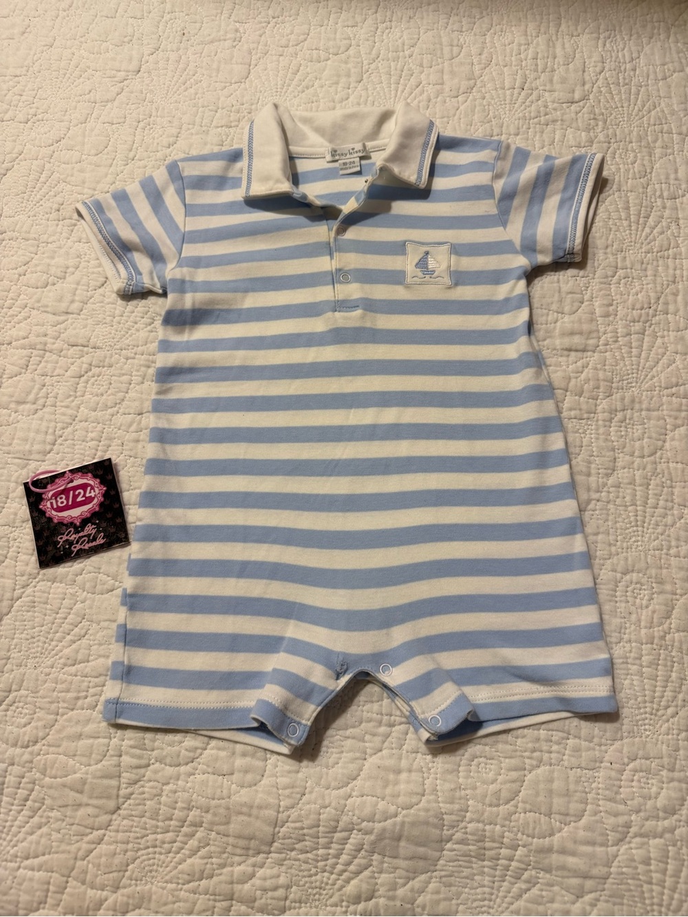 Kissy Kissy Blue and White Striped Polo Romper